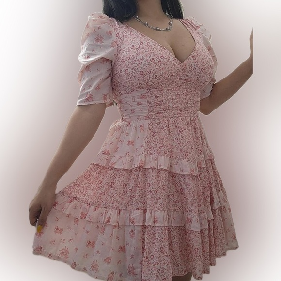 XL American Eagle Cottagecore Pink Mini Dress Floral Puff Sleeve Ruffled VNeck - Picture 3 of 3